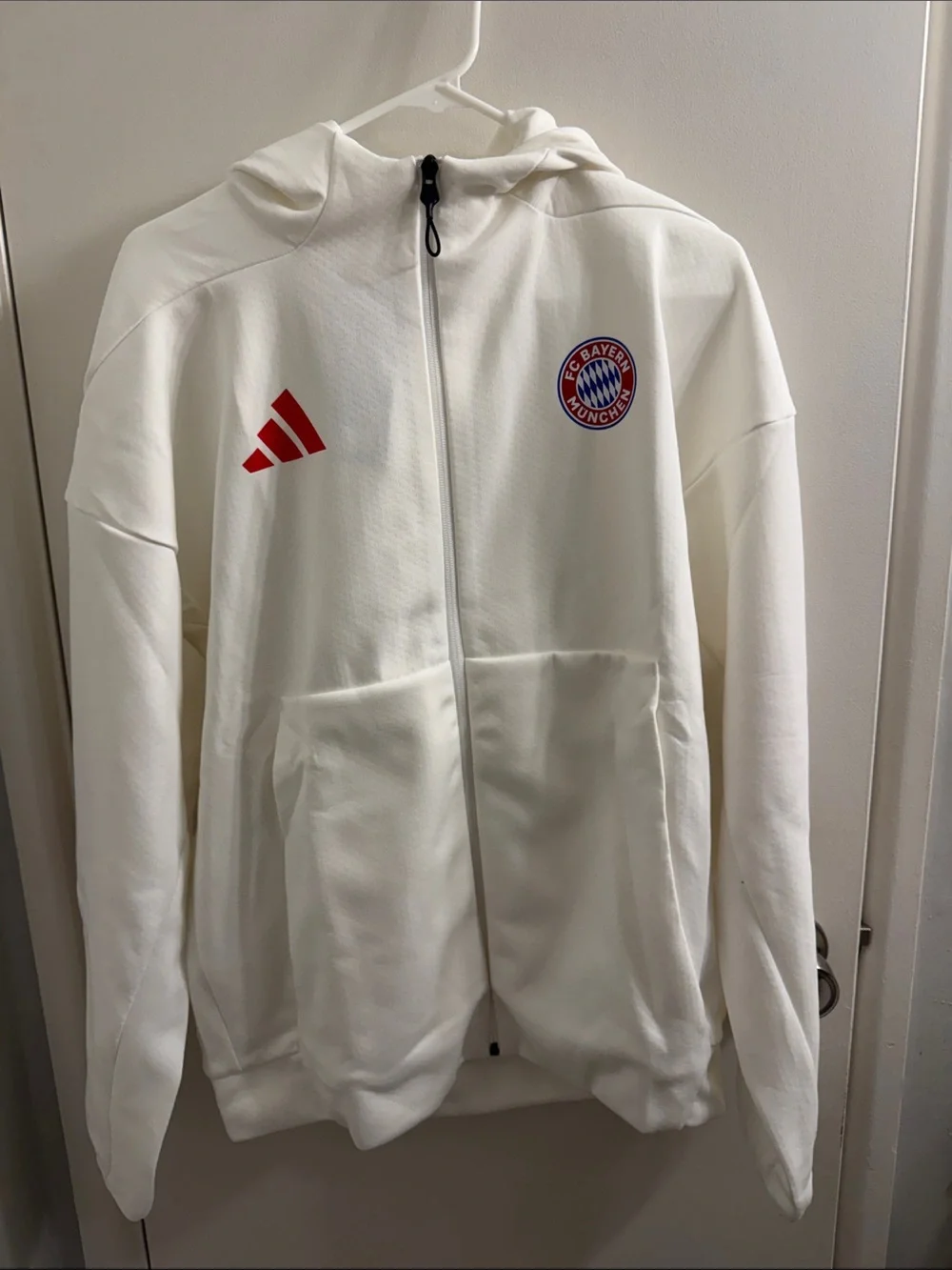 adidas White FC Bayern Zip Hoodie with Red Logos